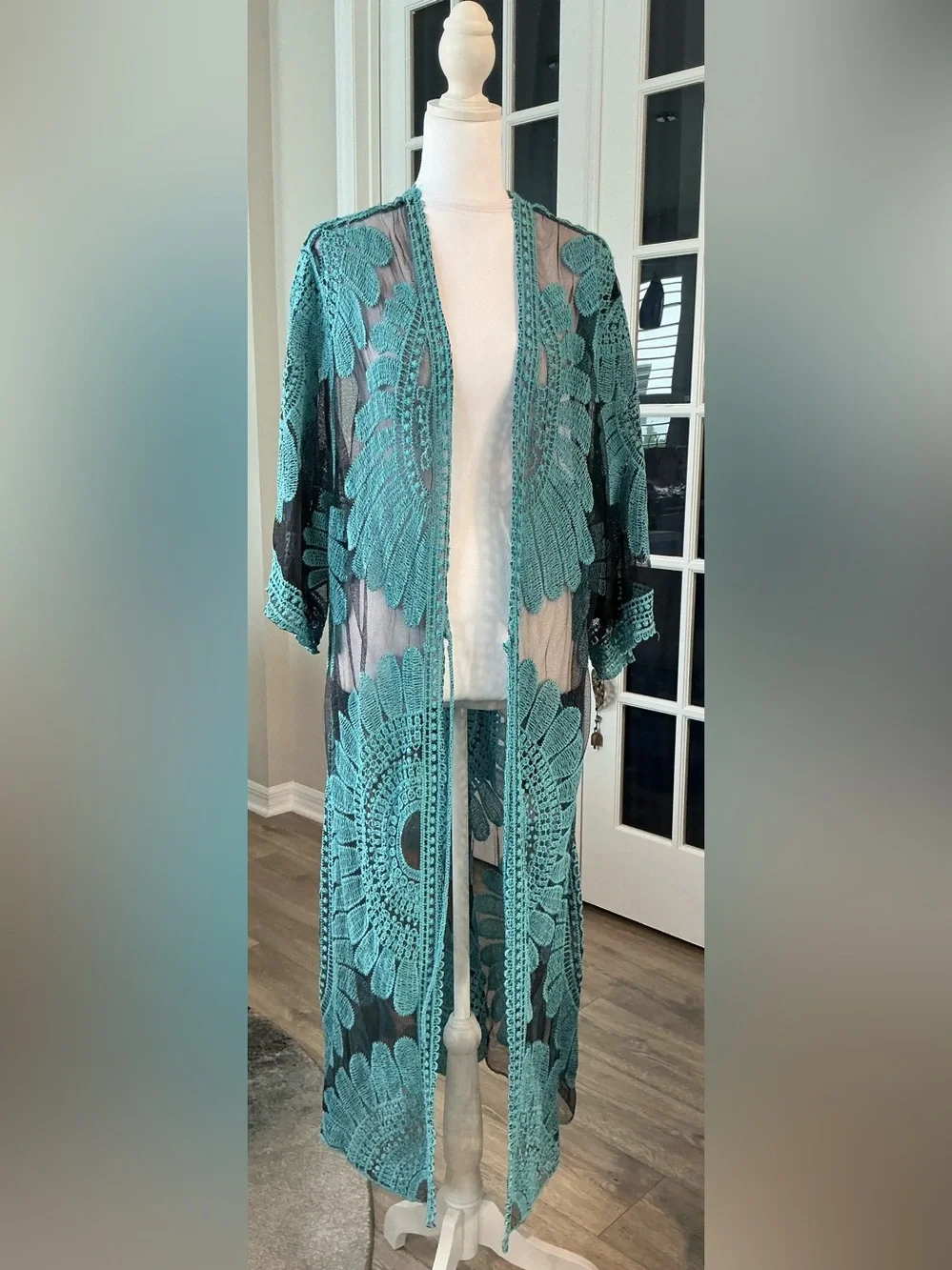 ASHA Turquoise Lace Mesh Duster Kimono Coverup Long Boho Beach Duster - One Size